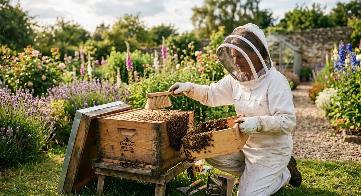 A UK beekeeper tending a hive in a cottage garden